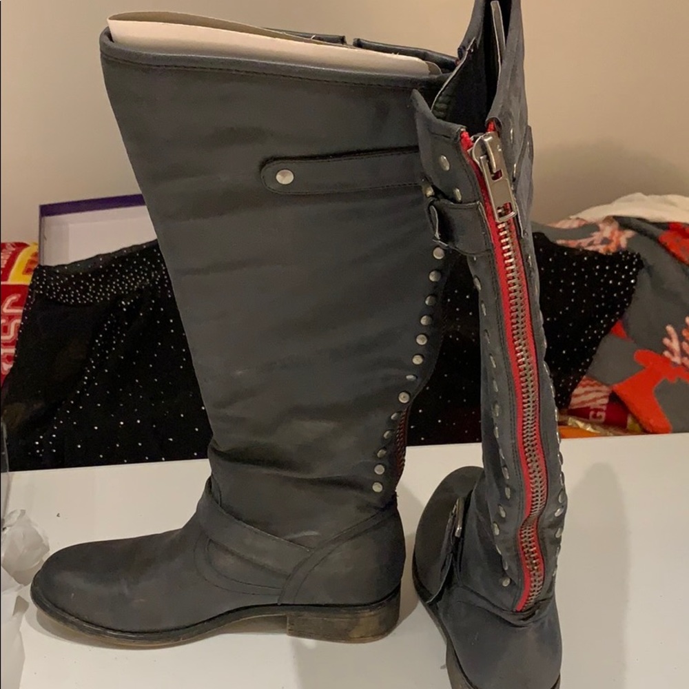 Black Distressed Look wide-calf boots.